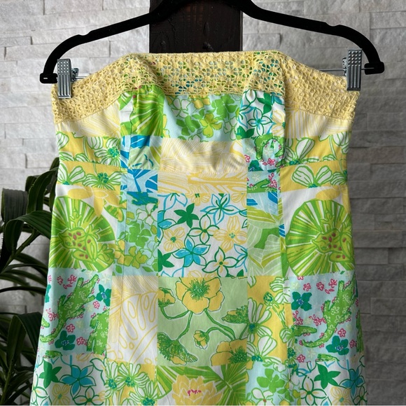 LILLY PULITZER Strapless Bowen Gator Print Patch Yellow Green Dress Size 0 - Picture 4 of 11